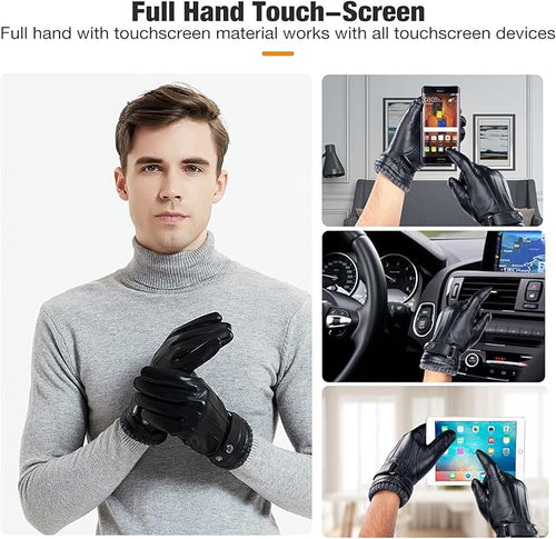 Leather Gloves for Men, Soft Warm Lining Full Hand Touchscreen Winter Gift Thermal