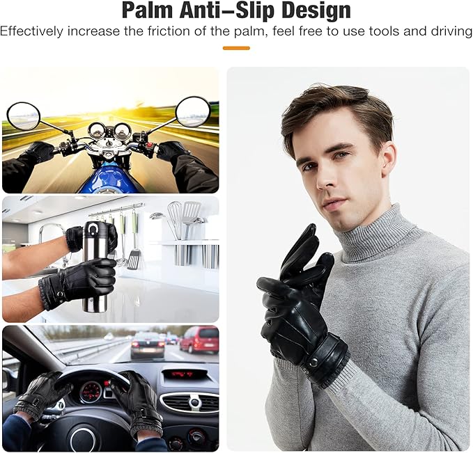 Leather Gloves for Men, Soft Warm Lining Full Hand Touchscreen Winter Gift Thermal